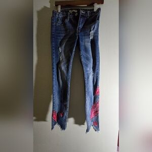 Lexxola Blue and Red Distressed Skinny Jeans